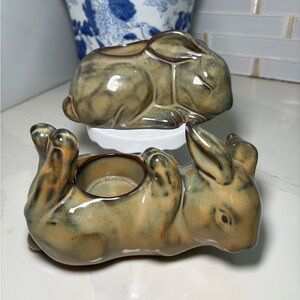 Set of PartyLite Baby Bunny Rabbit Tealight mottled green & brown Candle Holders